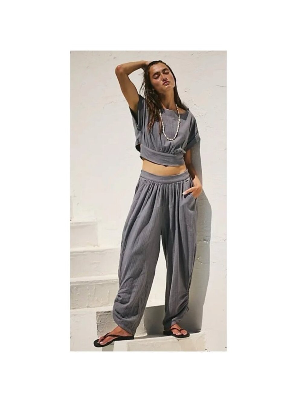Free People Feelin’ Free Set XS Gray Loungewear Boho Harem Pant Crop Top